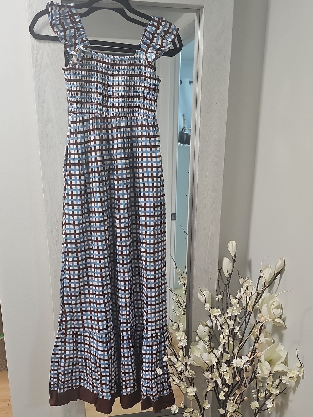 Blue and Brown Checked Smocked Maxi Dress, XS